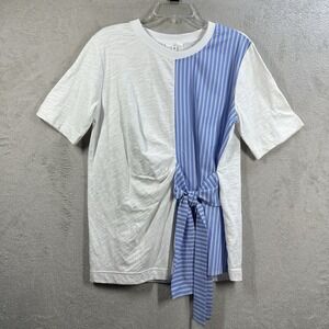 Joh Apparel Mixed Pattern Tshirt Sz M White Cotton Blue Stripe Panel Side Tie